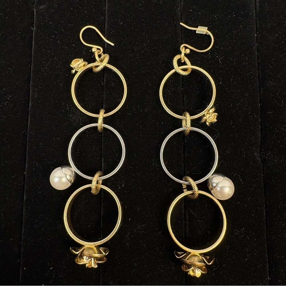 Vintage Mixed Metal Tone Interlocking Hoop Pearl Dangle Earrings